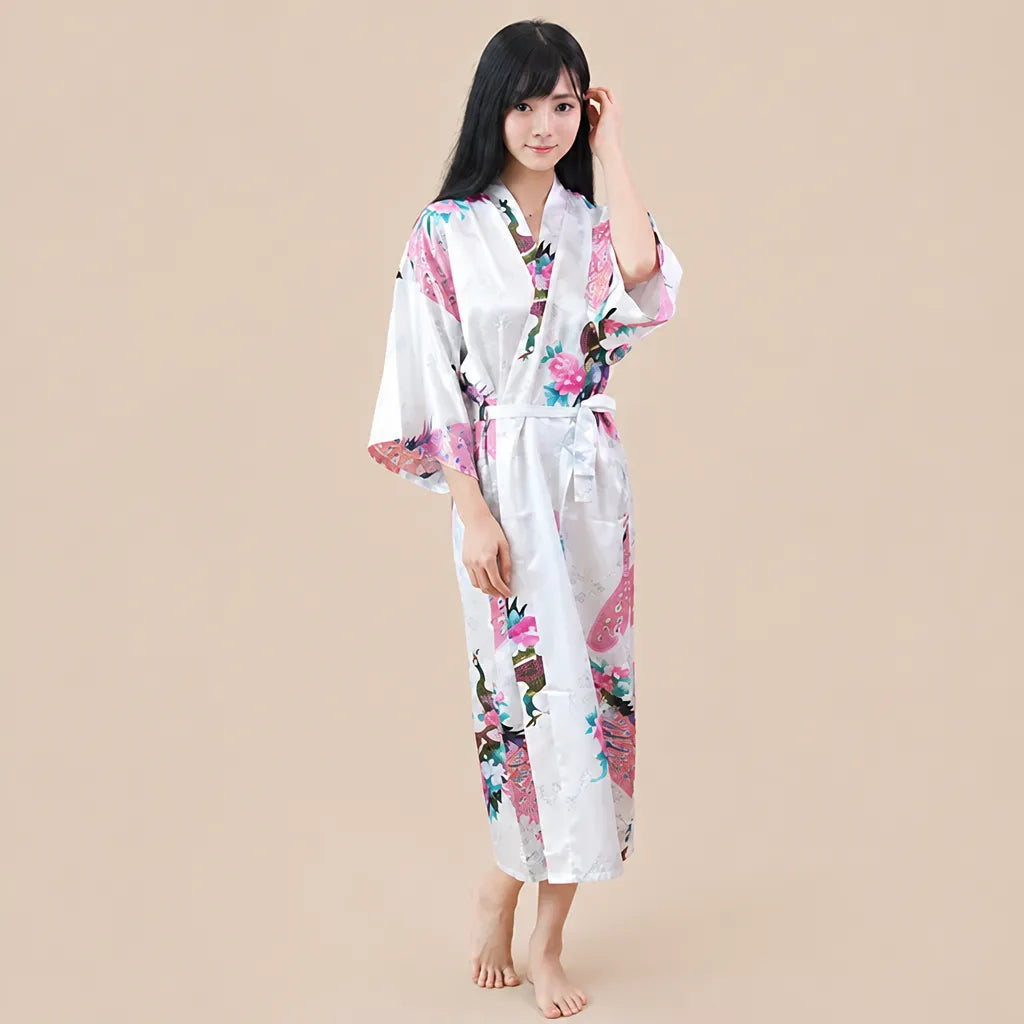 La boutique du peignoir Peignoir Kimono Femme - Long en Satin à Paons, Ivoire