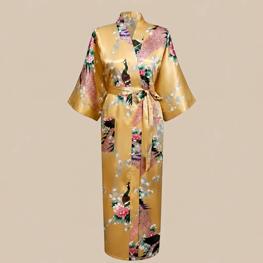 La boutique du peignoir Peignoir Kimono Femme - Long en Satin à Paons, Jaune