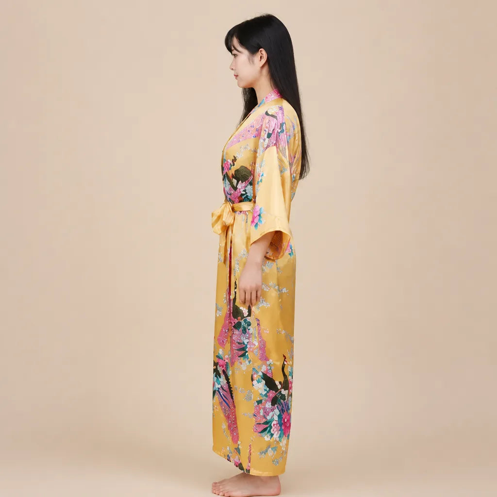 La boutique du peignoir Peignoir Kimono Femme - Long en Satin à Paons, Jaune
