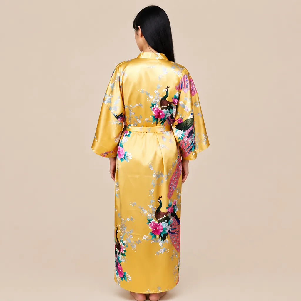 La boutique du peignoir Peignoir Kimono Femme - Long en Satin à Paons, Jaune