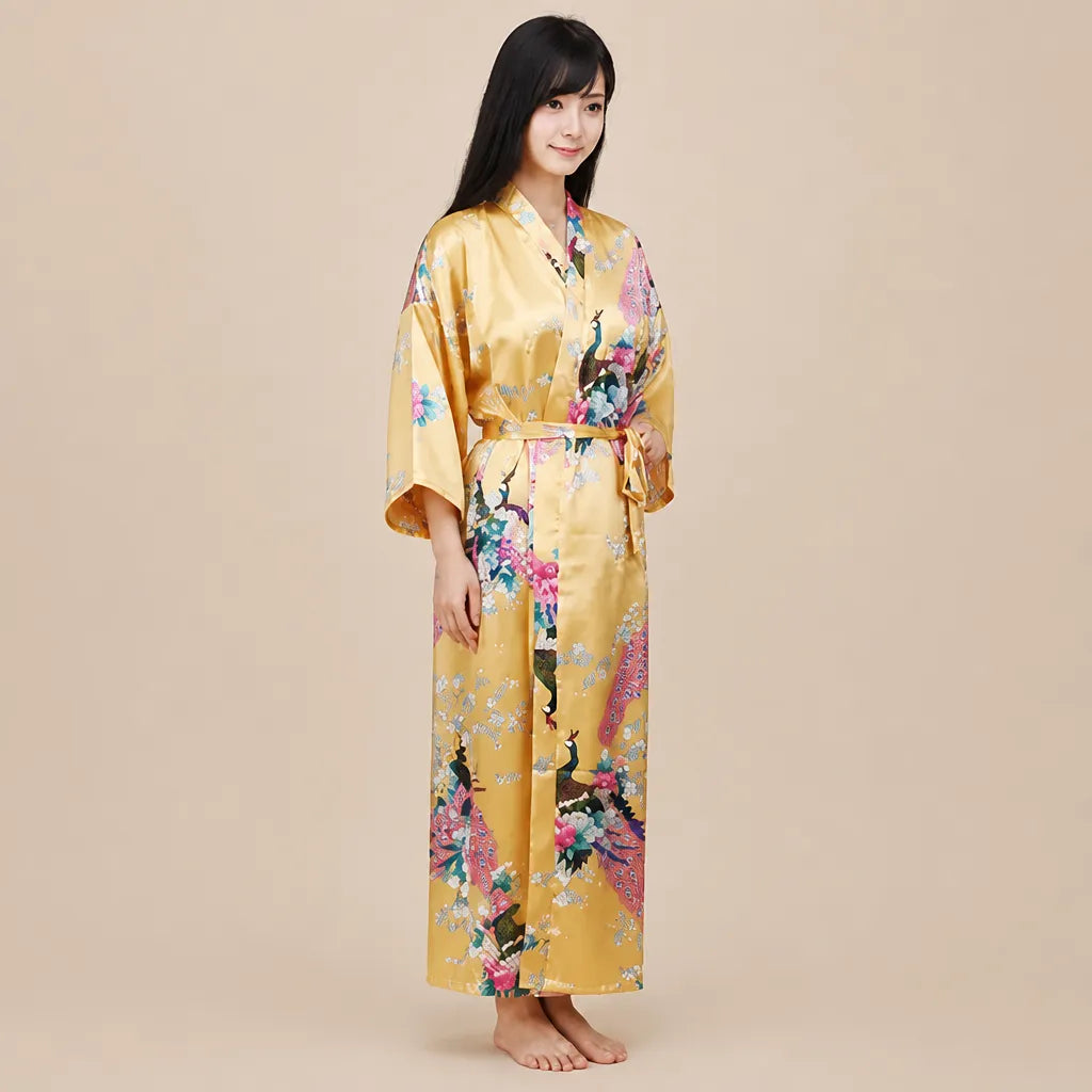 La boutique du peignoir Peignoir Kimono Femme - Long en Satin à Paons, Jaune