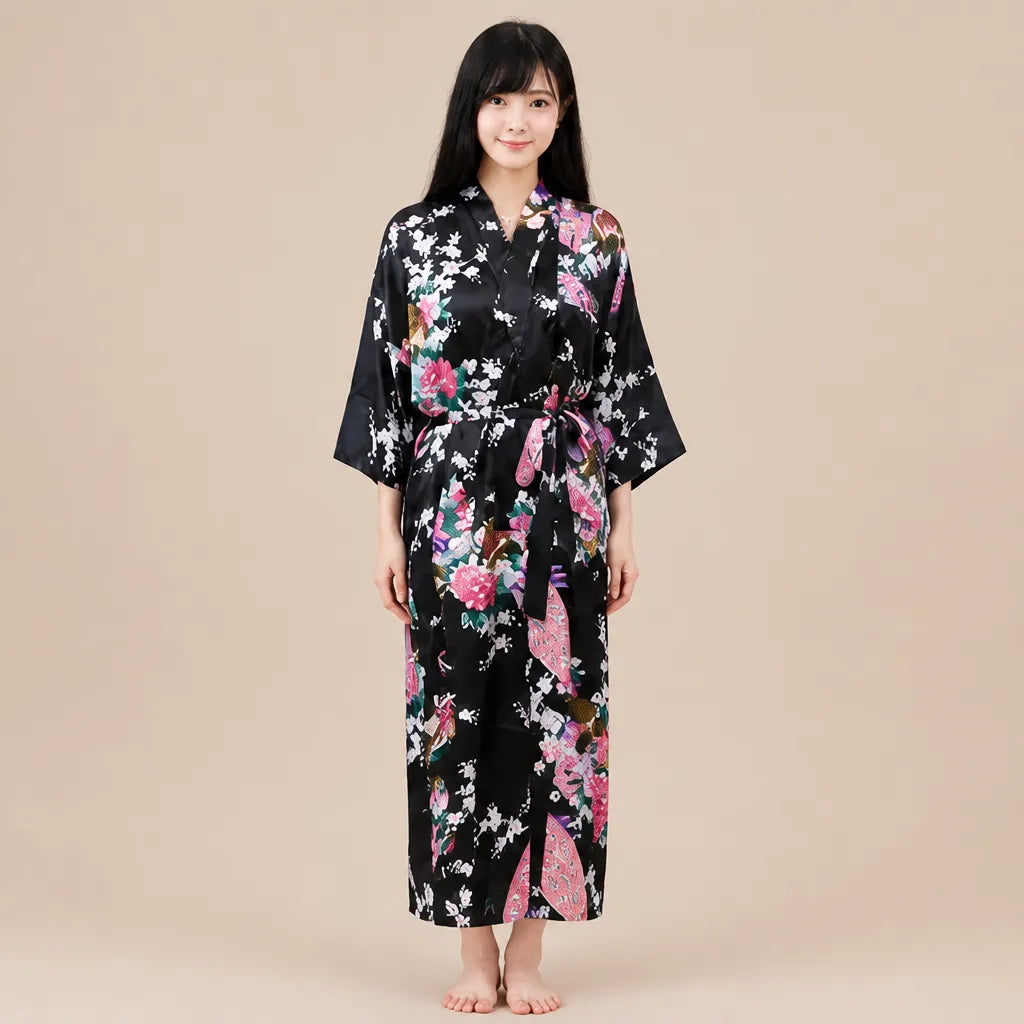 La boutique du peignoir Peignoir Kimono Femme - Long en Satin à Paons, Noir