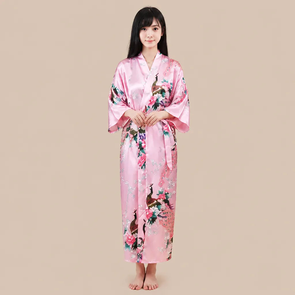 La boutique du peignoir Peignoir Kimono Femme - Long en Satin à Paons, Rose Poudré