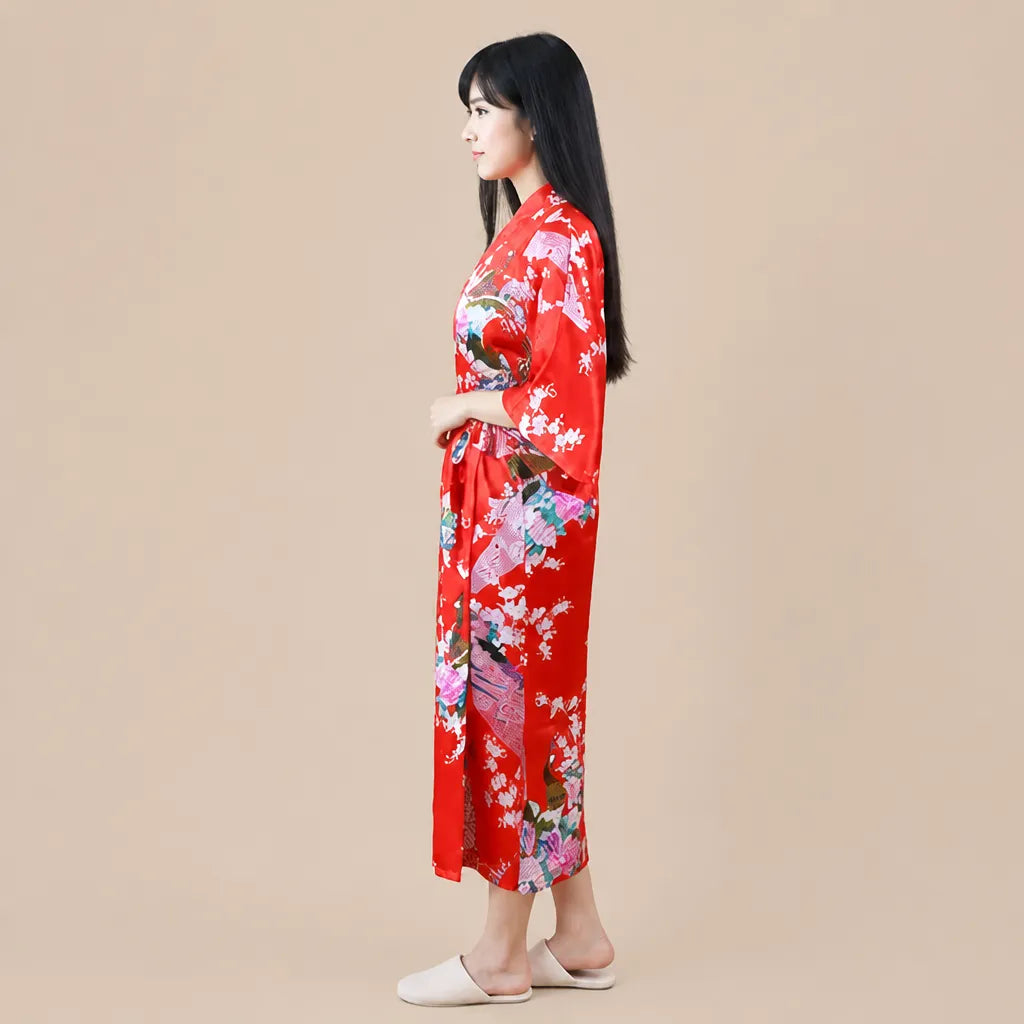 La boutique du peignoir Peignoir Kimono Femme - Long en Satin à Paons, Rouge