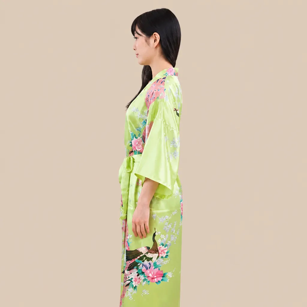 La boutique du peignoir Peignoir Kimono Femme - Long en Satin à Paons, Vert Anis