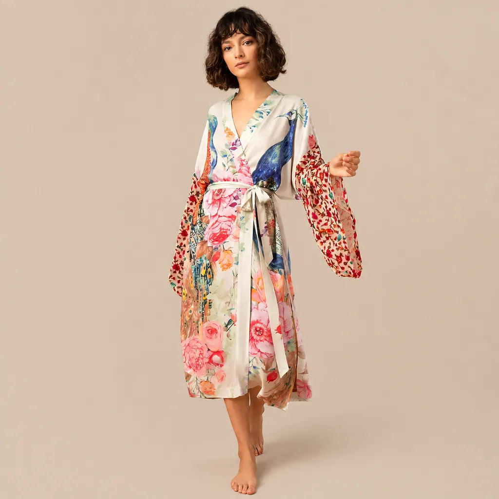 La boutique du peignoir Peignoir Kimono Femme - Voile de Plage à Paon, Écru Rosé