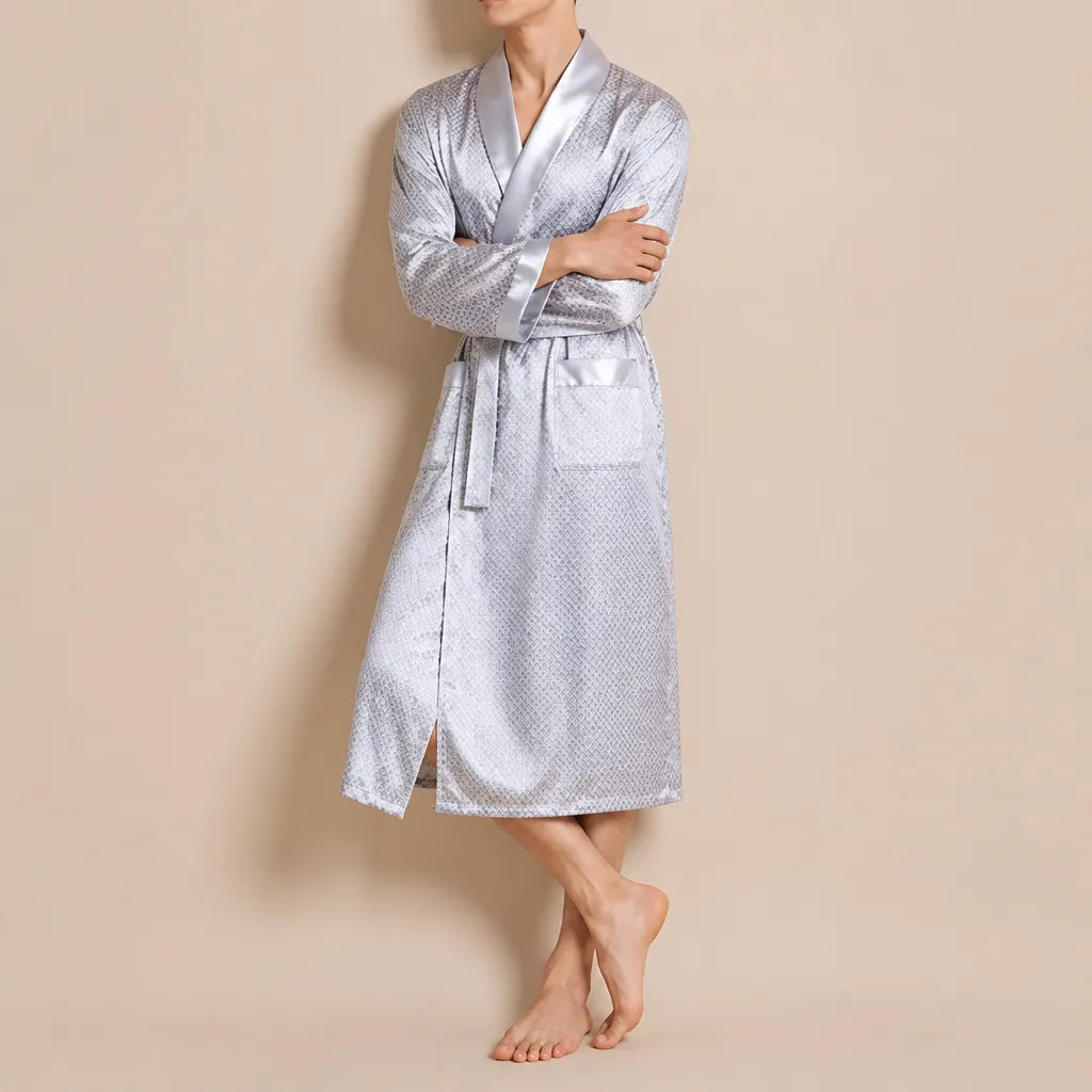 La boutique du peignoir Peignoir Kimono Homme - en Satin, Bleu Argenté à Losanges