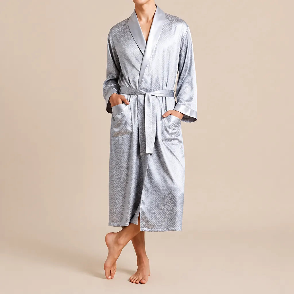 La boutique du peignoir Peignoir Kimono Homme - en Satin, Bleu Argenté à Losanges