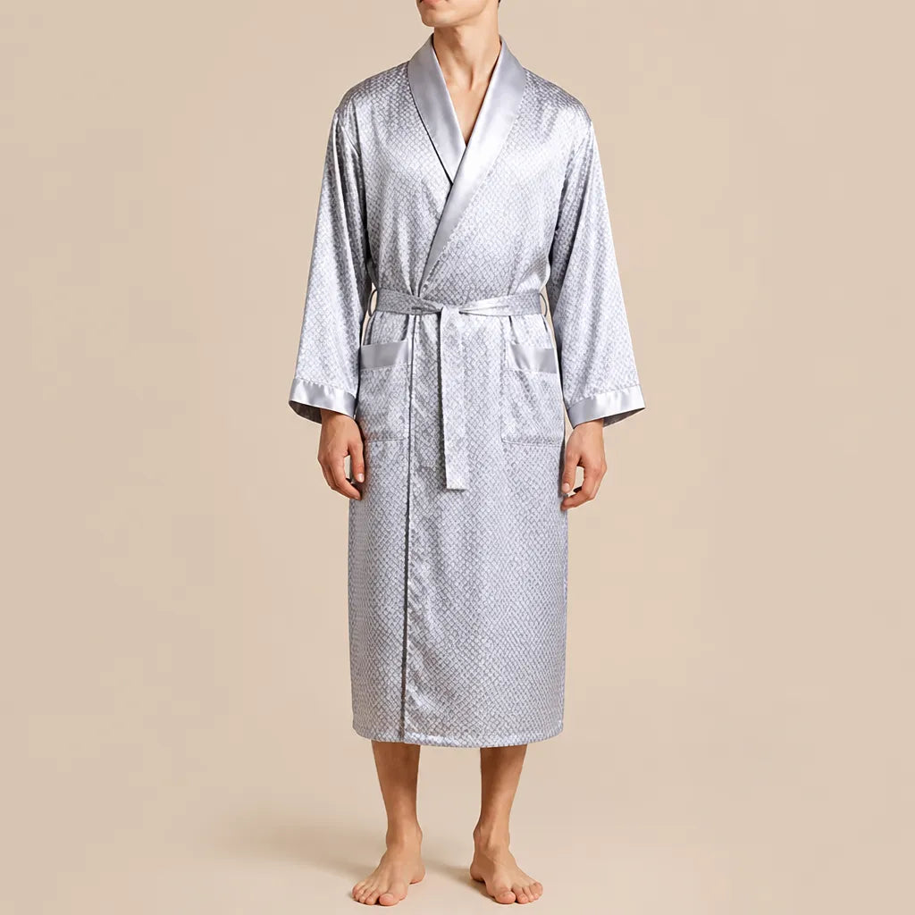 La boutique du peignoir Peignoir Kimono Homme - en Satin, Bleu Argenté à Losanges