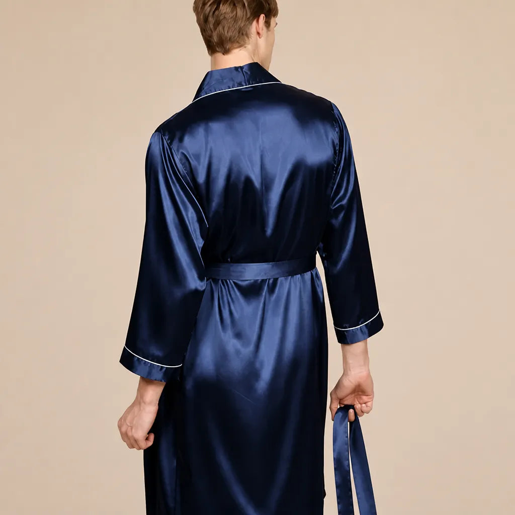 La boutique du peignoir Peignoir Kimono Homme - en Satin, Bleu Marine à Liseré
