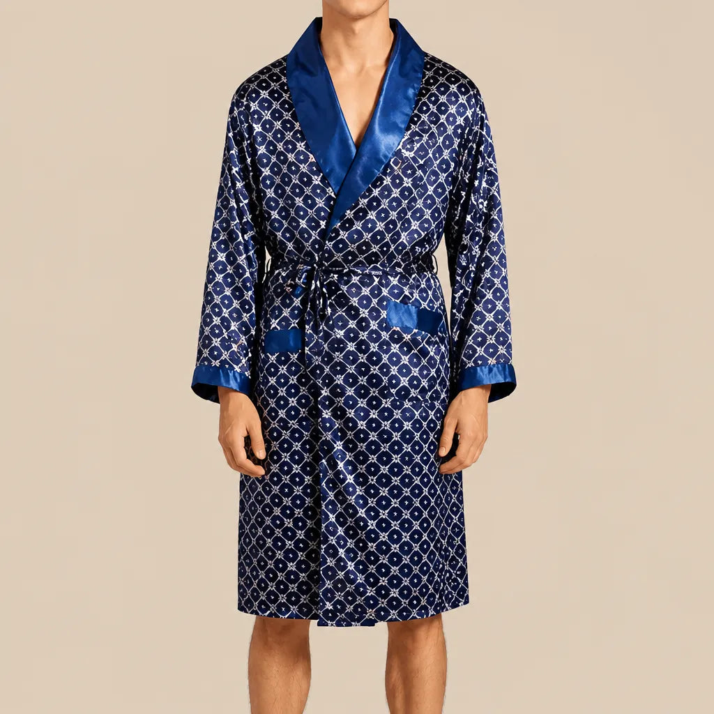 La boutique du peignoir Peignoir Kimono Homme - en Satin, Bleu Marine à Losanges