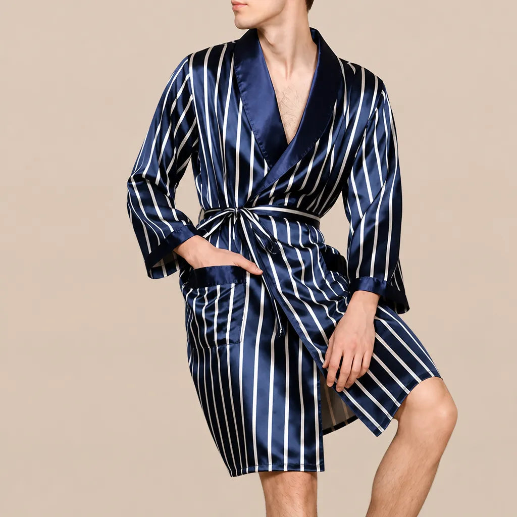 La boutique du peignoir Peignoir Kimono Homme - en Satin, Bleu Marine Rayé