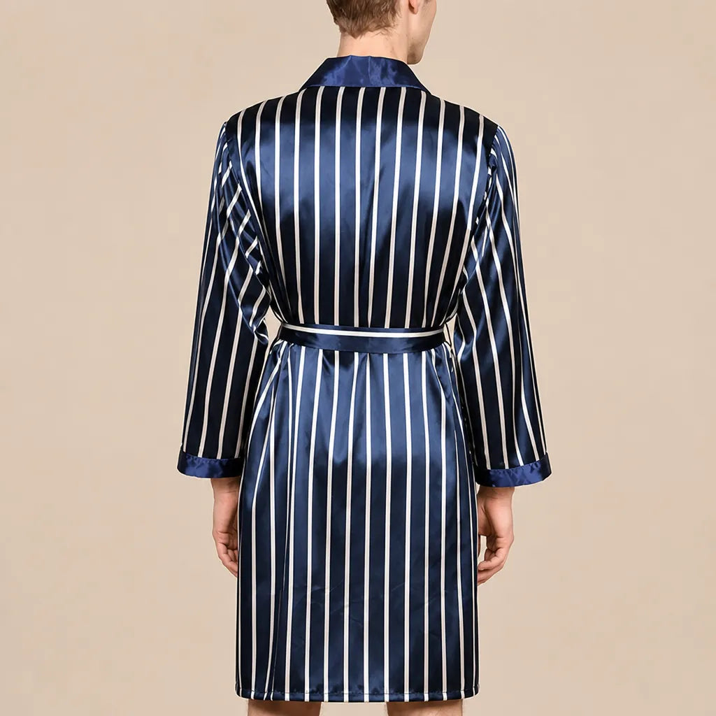 La boutique du peignoir Peignoir Kimono Homme - en Satin, Bleu Marine Rayé