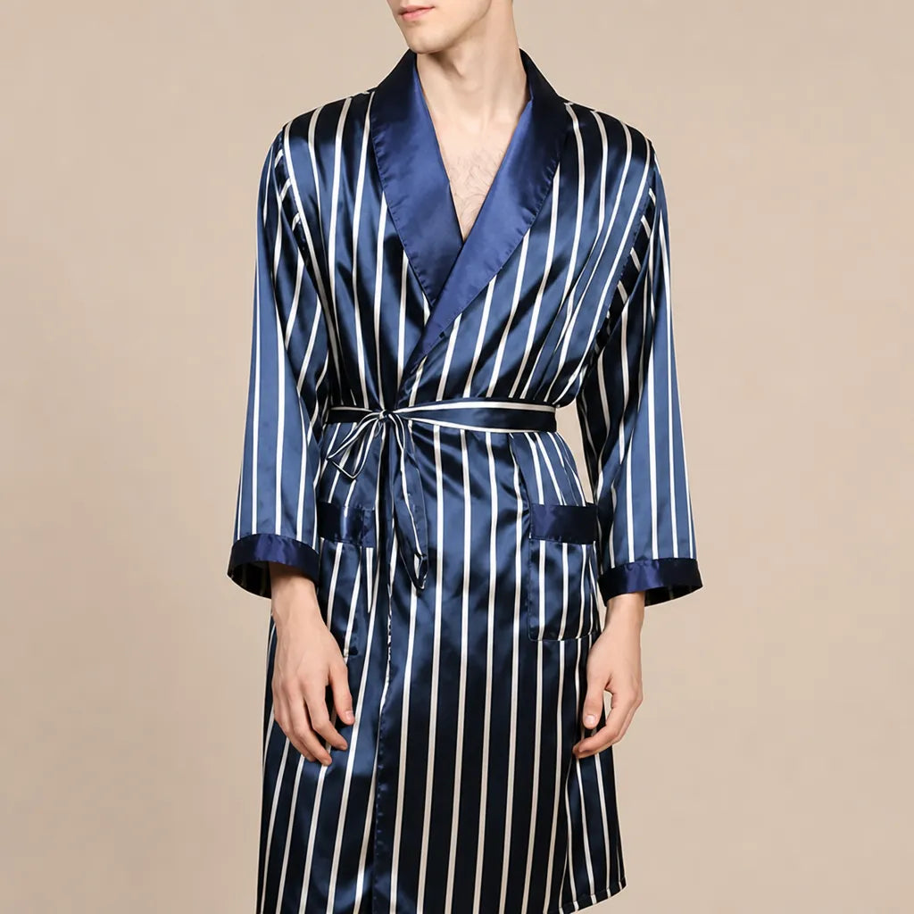 La boutique du peignoir Peignoir Kimono Homme - en Satin, Bleu Marine Rayé