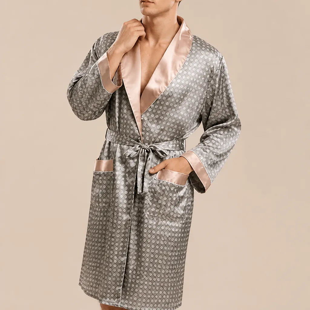 La boutique du peignoir Peignoir Kimono Homme - en Satin, Gris Taupe à Losanges