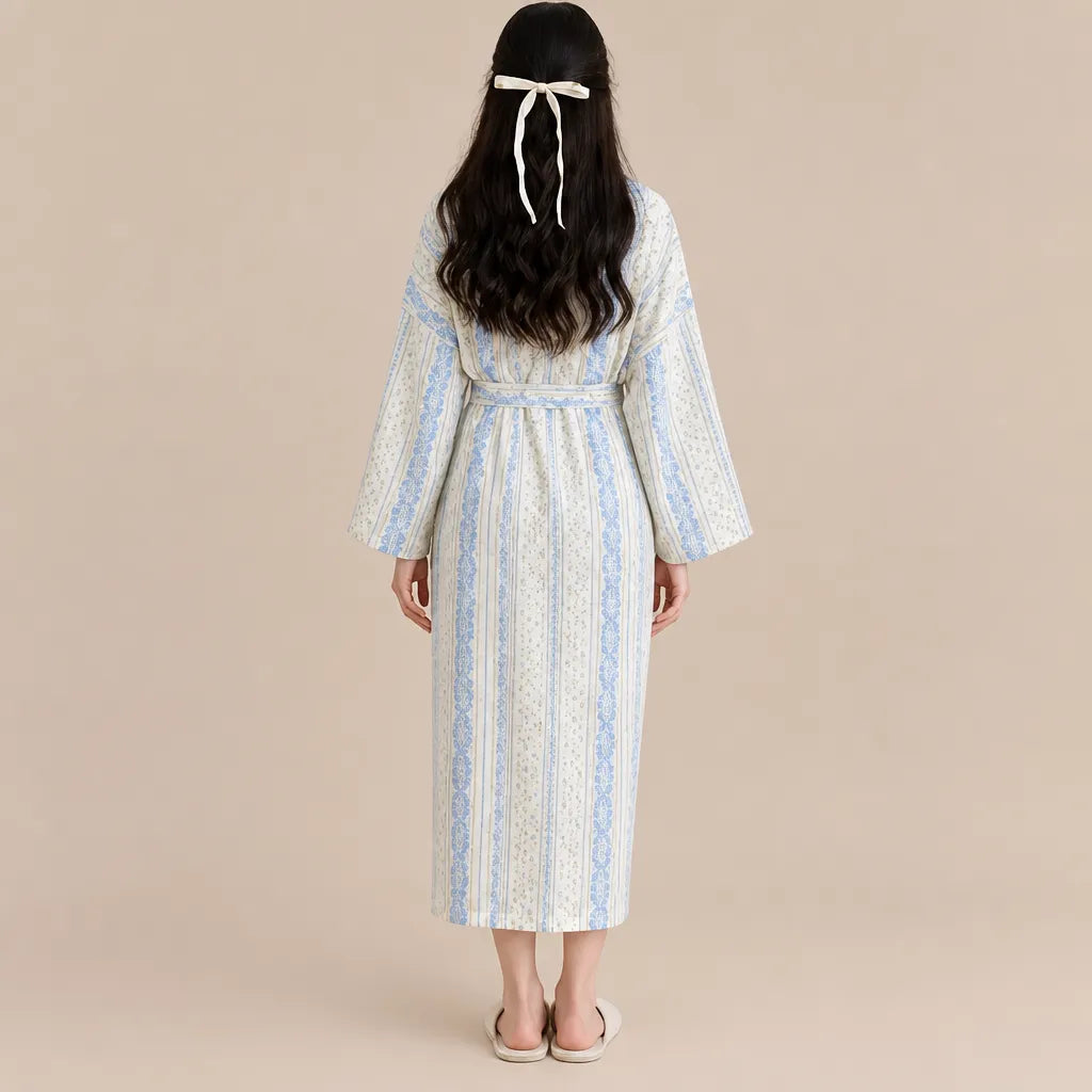 La boutique du peignoir Peignoir Nid d'Abeille Femme - Long et Léger, Rayé Fleuri Bleu Ciel