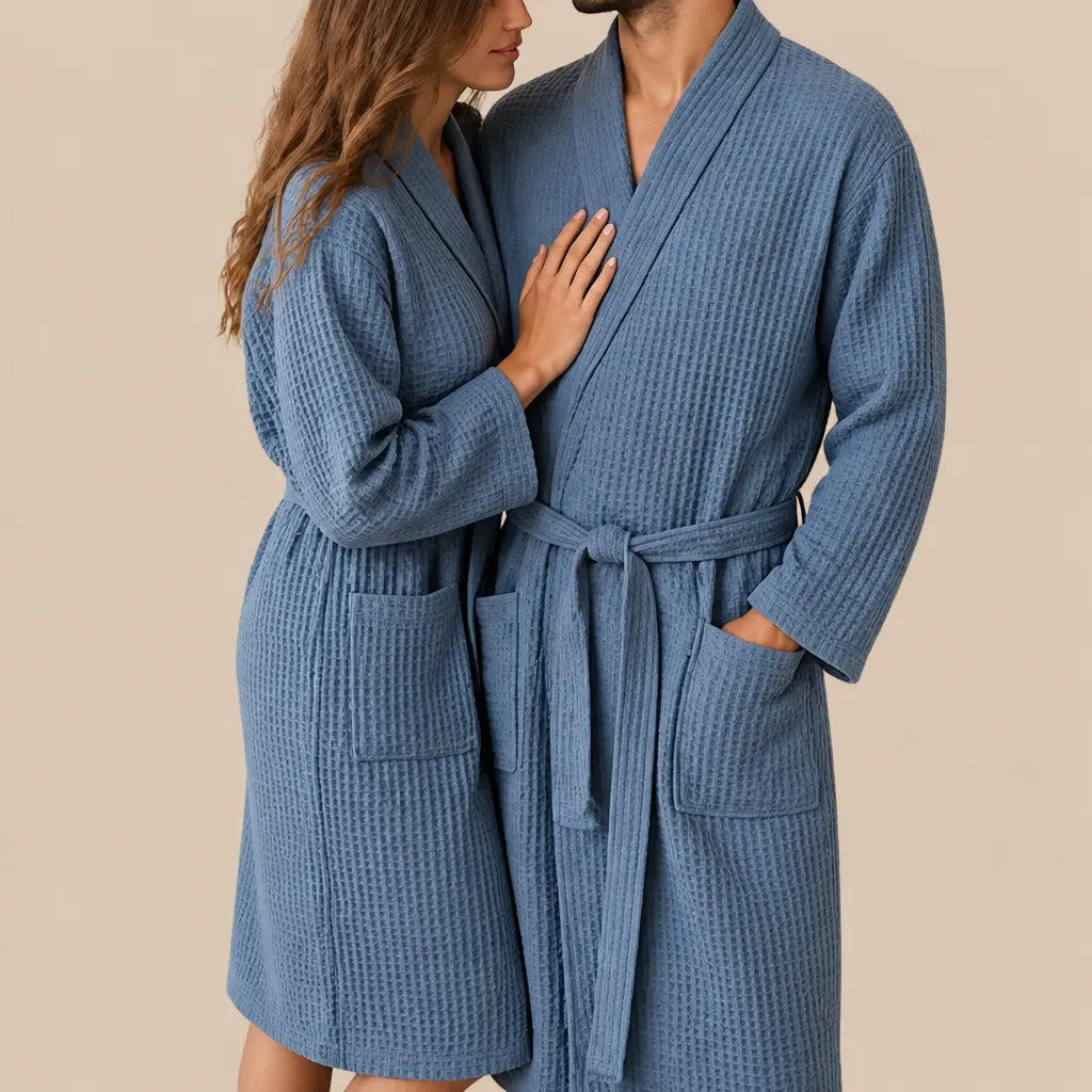 La boutique du peignoir Peignoir Nid d'Abeille - Unisexe Côtelé en Coton, Bleu Jean