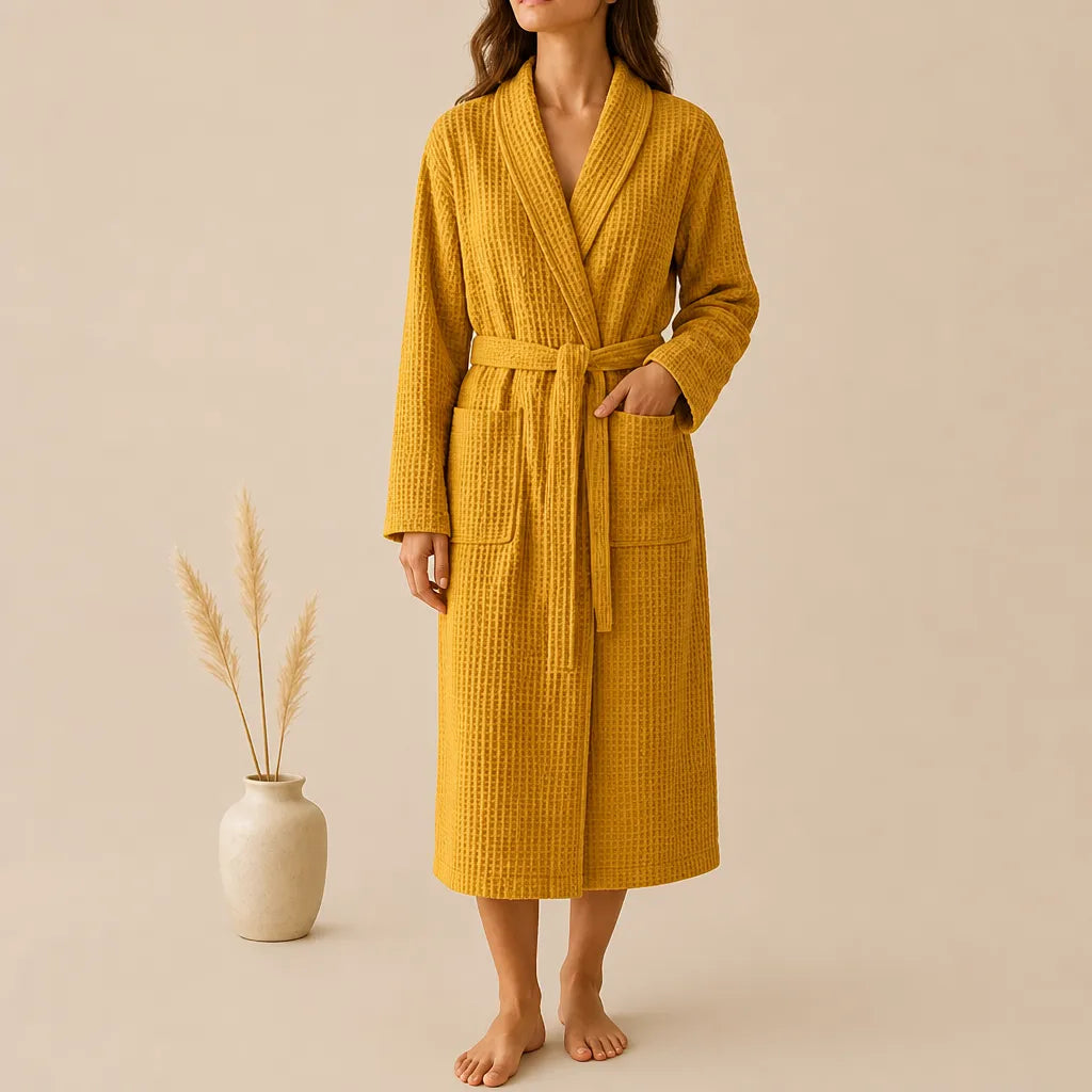 La boutique du peignoir Peignoir Nid d'Abeille - Unisexe Côtelé en Coton, Jaune Moutarde
