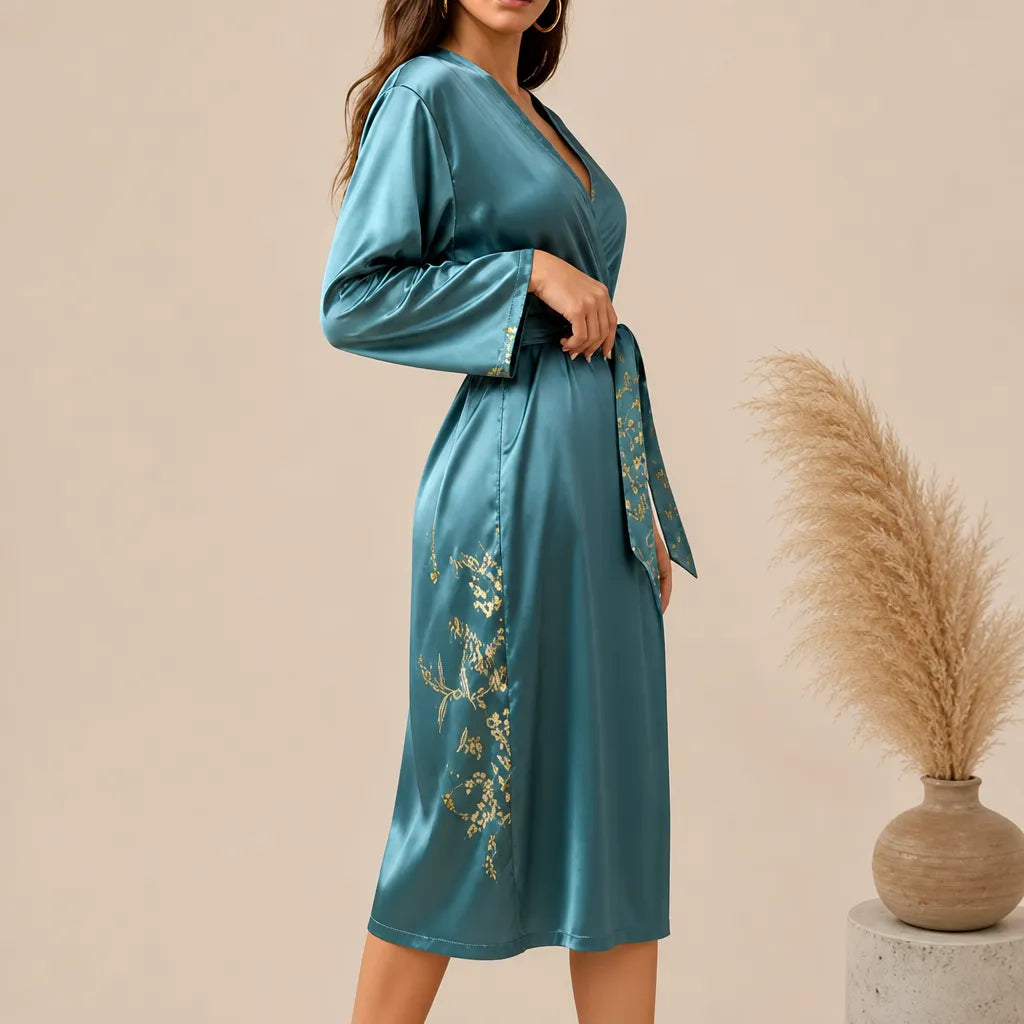 La boutique du peignoir Peignoir Satin Femme - Long à Branches Fleuries, Bleu Canard