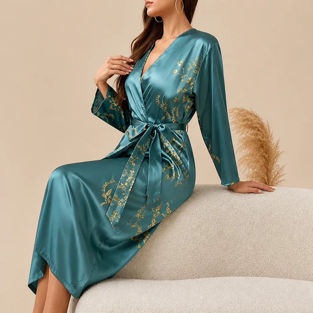 La boutique du peignoir Peignoir Satin Femme - Long à Branches Fleuries, Bleu Canard