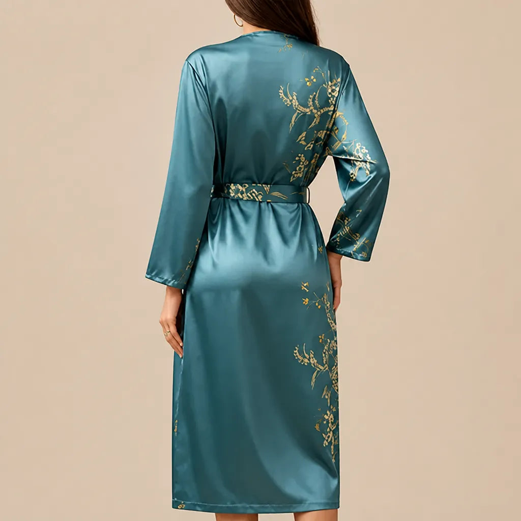 La boutique du peignoir Peignoir Satin Femme - Long à Branches Fleuries, Bleu Canard