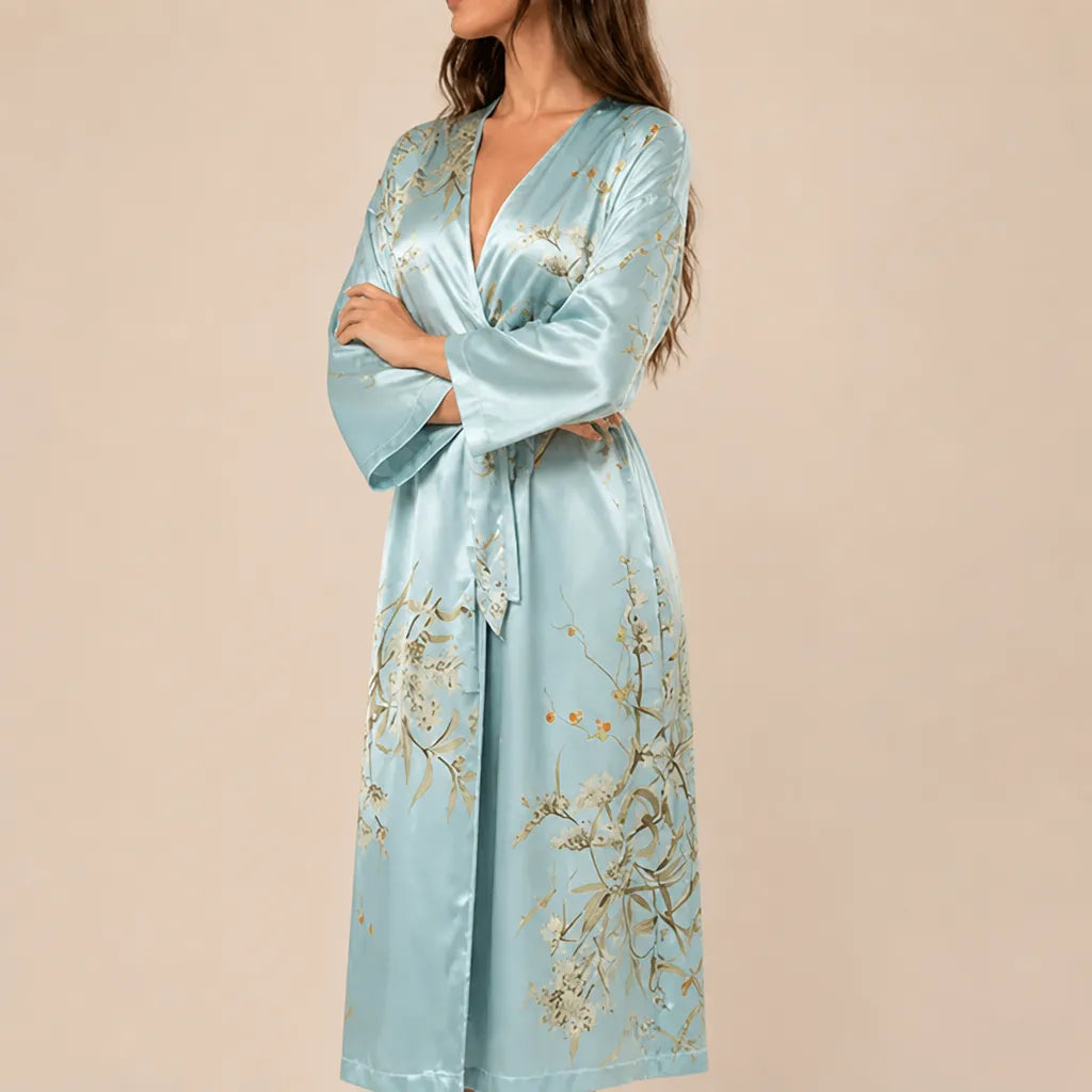 La boutique du peignoir Peignoir Satin Femme - Long à Branches Fleuries, Bleu Ciel