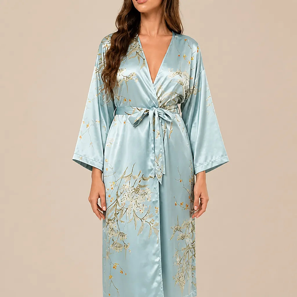La boutique du peignoir Peignoir Satin Femme - Long à Branches Fleuries, Bleu Ciel