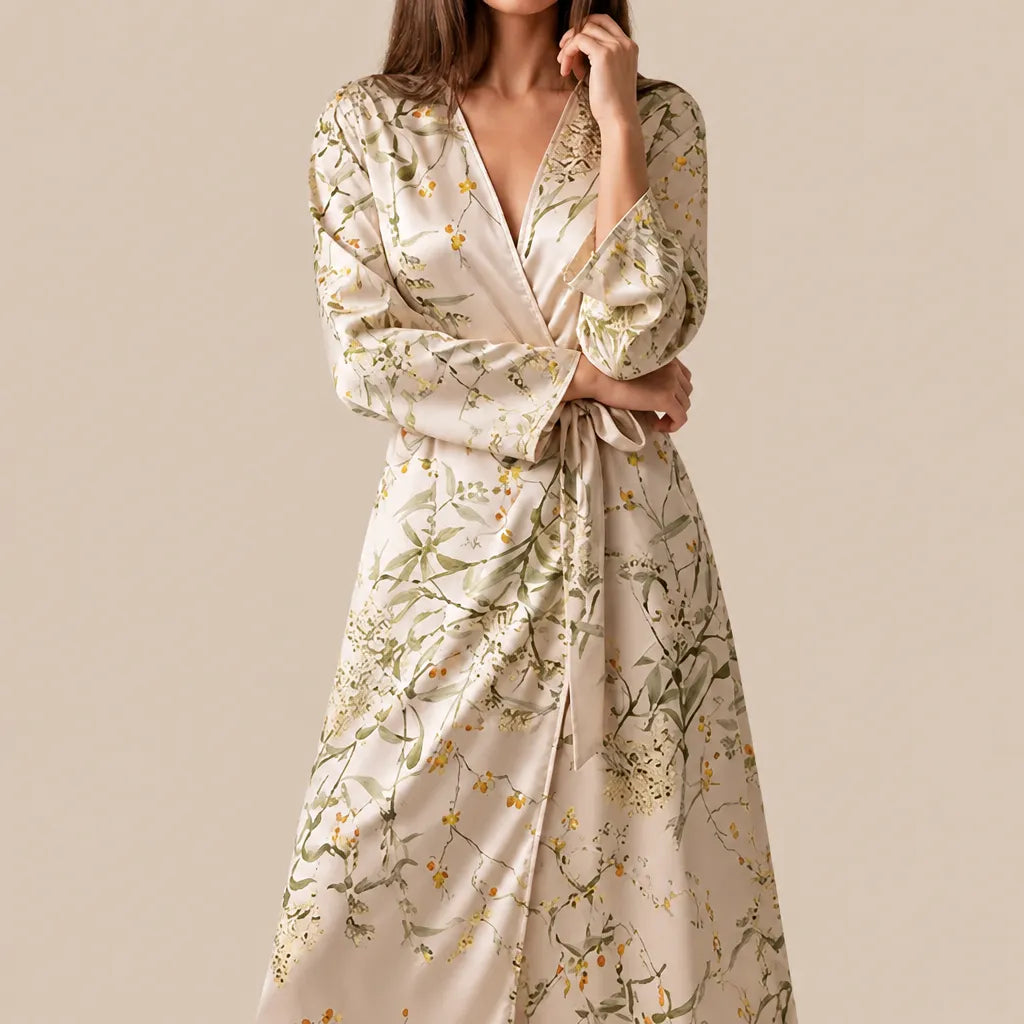 La boutique du peignoir Peignoir Satin Femme - Long à Branches Fleuries, Champagne
