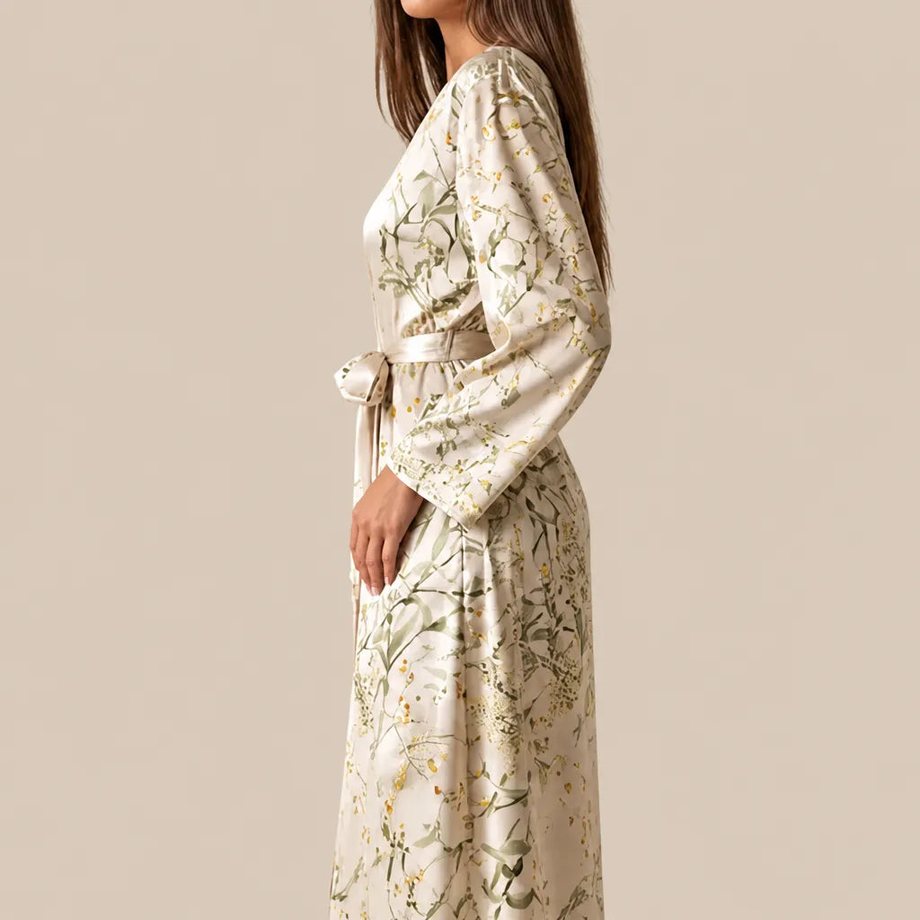La boutique du peignoir Peignoir Satin Femme - Long à Branches Fleuries, Champagne