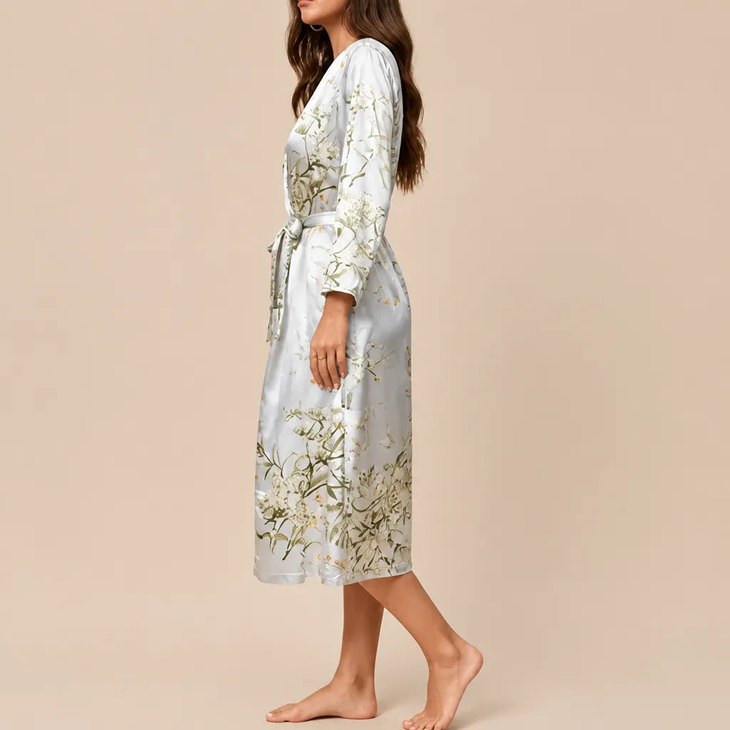 La boutique du peignoir Peignoir Satin Femme - Long à Branches Fleuries, Gris Perle