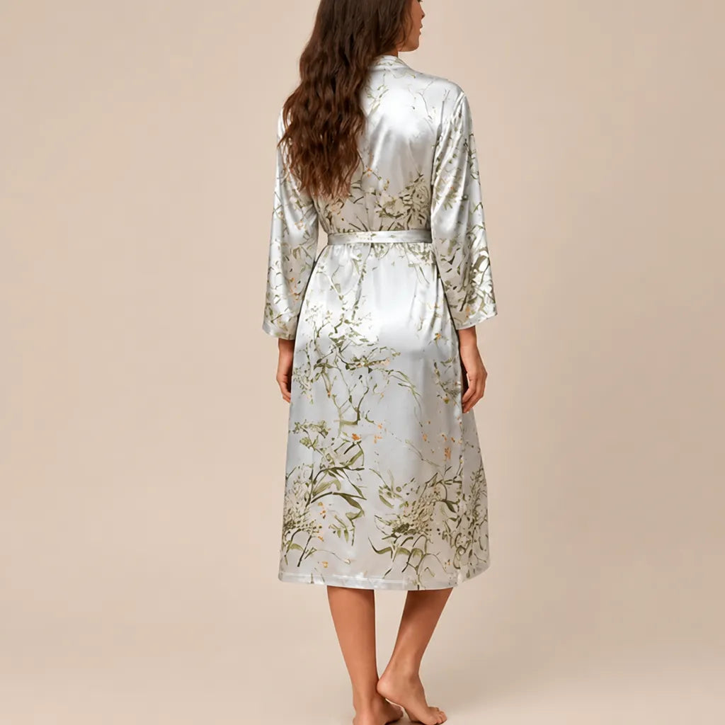 La boutique du peignoir Peignoir Satin Femme - Long à Branches Fleuries, Gris Perle