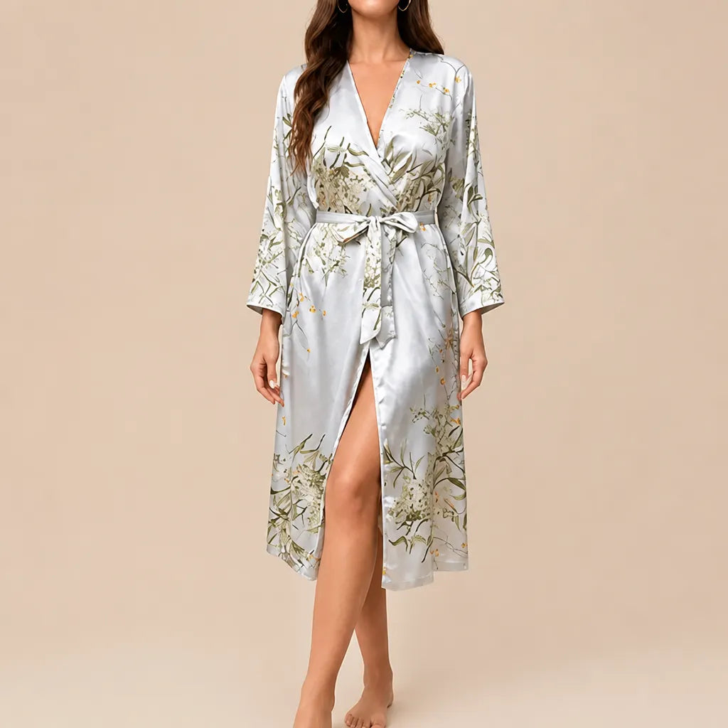 La boutique du peignoir Peignoir Satin Femme - Long à Branches Fleuries, Gris Perle