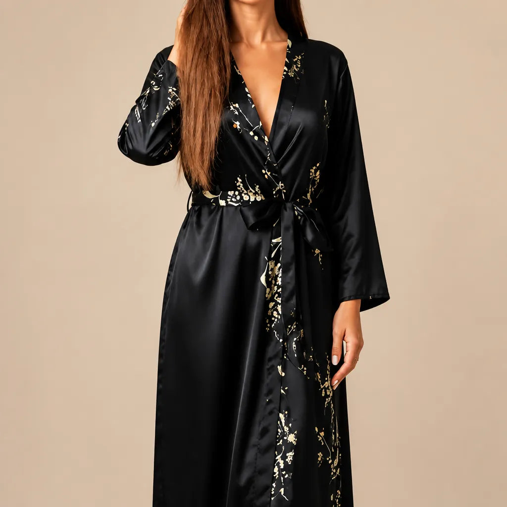 La boutique du peignoir Peignoir Satin Femme - Long à Branches Fleuries, Noir