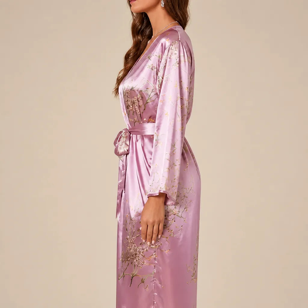 La boutique du peignoir Peignoir Satin Femme - Long à Branches Fleuries, Rose Mauve