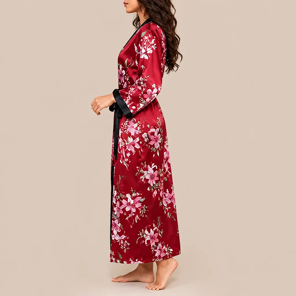 La boutique du peignoir Peignoir Satin Femme - Long à Col Noir, Bordeaux Fleuri