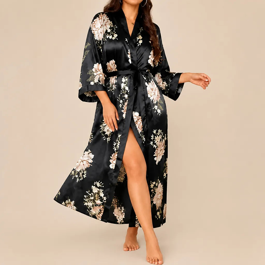 La boutique du peignoir Peignoir Satin Femme - Long à Col Noir, Noir Fleuri