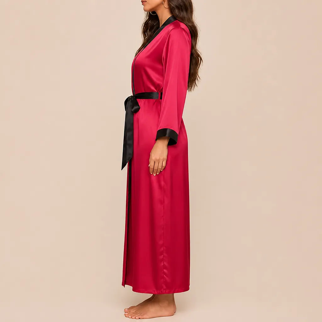 La boutique du peignoir Peignoir Satin Femme - Long à Col Noir, Rouge Framboise