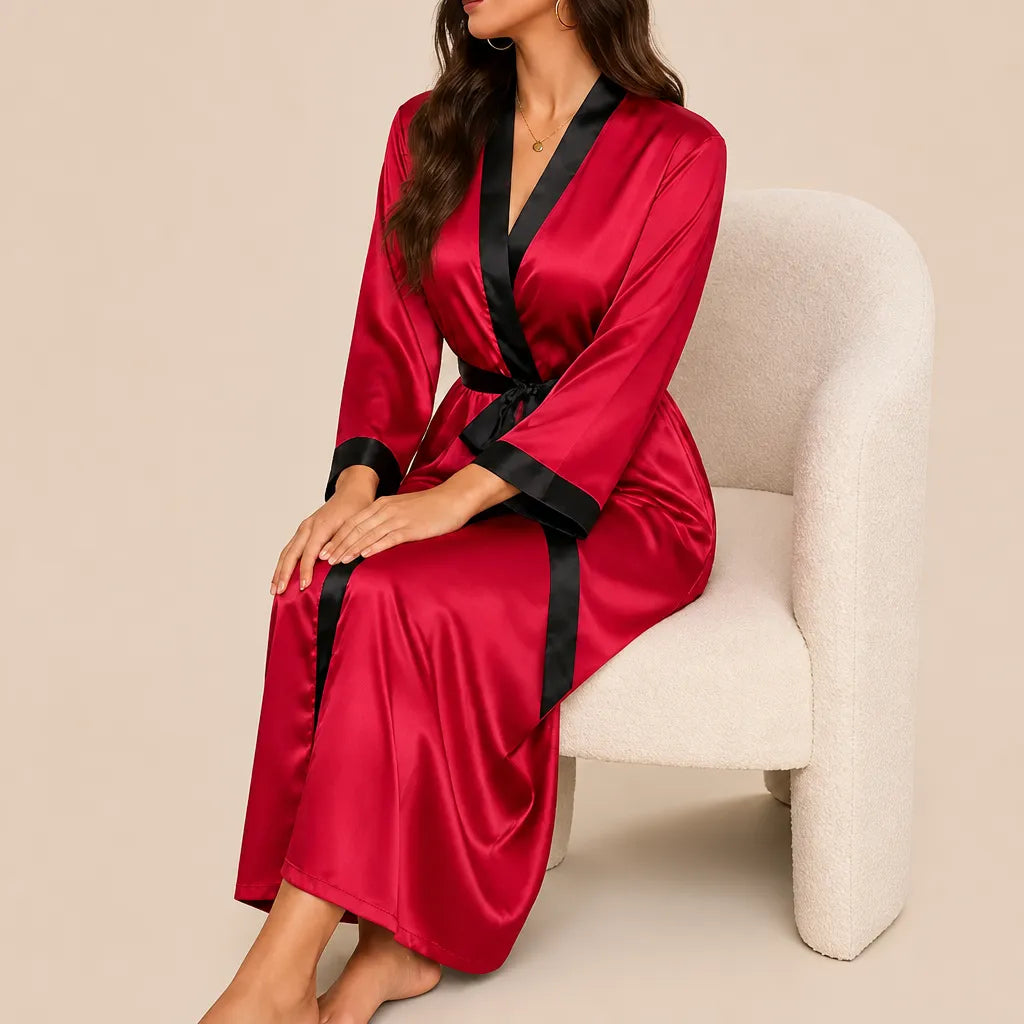 La boutique du peignoir Peignoir Satin Femme - Long à Col Noir, Rouge Framboise