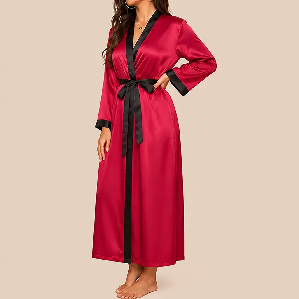 La boutique du peignoir Peignoir Satin Femme - Long à Col Noir, Rouge Framboise