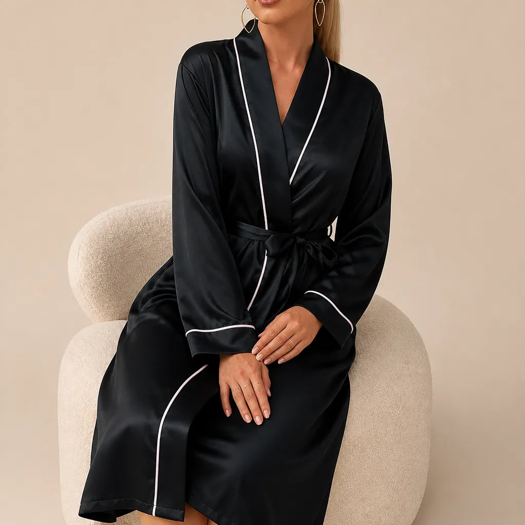 La boutique du peignoir Peignoir Satin Femme - Long à Liseré, Noir