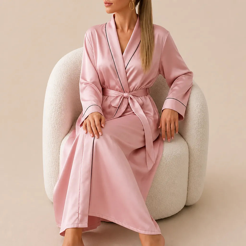 La boutique du peignoir Peignoir Satin Femme - Long à Liseré, Rose Poudré