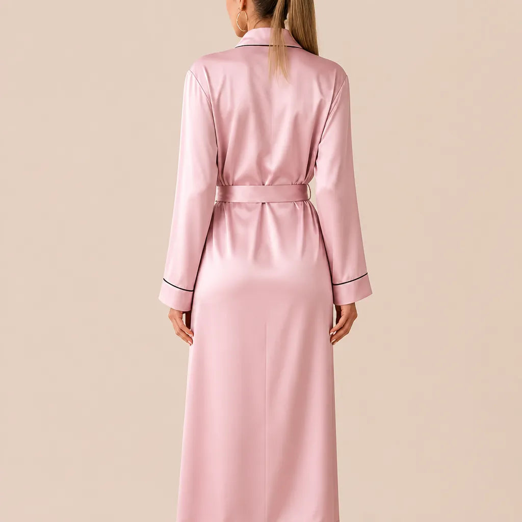 La boutique du peignoir Peignoir Satin Femme - Long à Liseré, Rose Poudré
