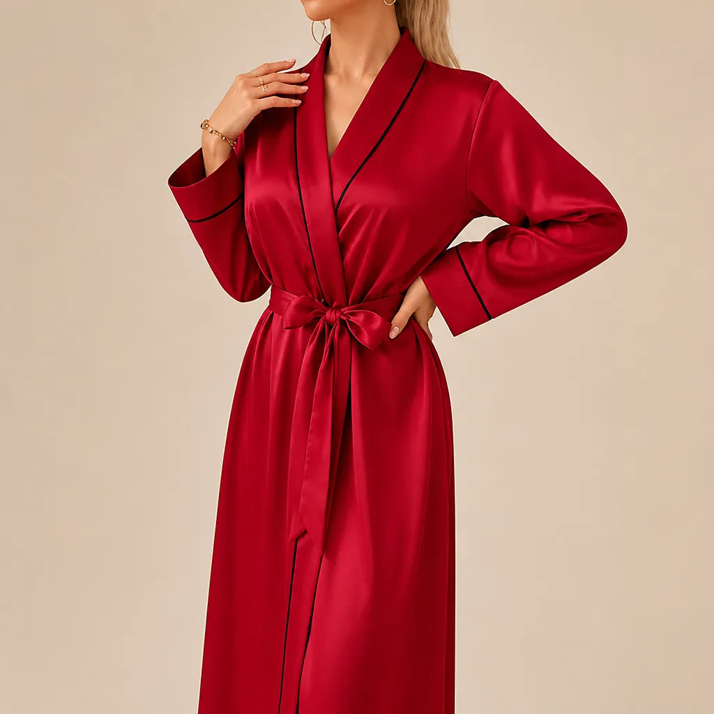 La boutique du peignoir Peignoir Satin Femme - Long à Liseré, Rouge