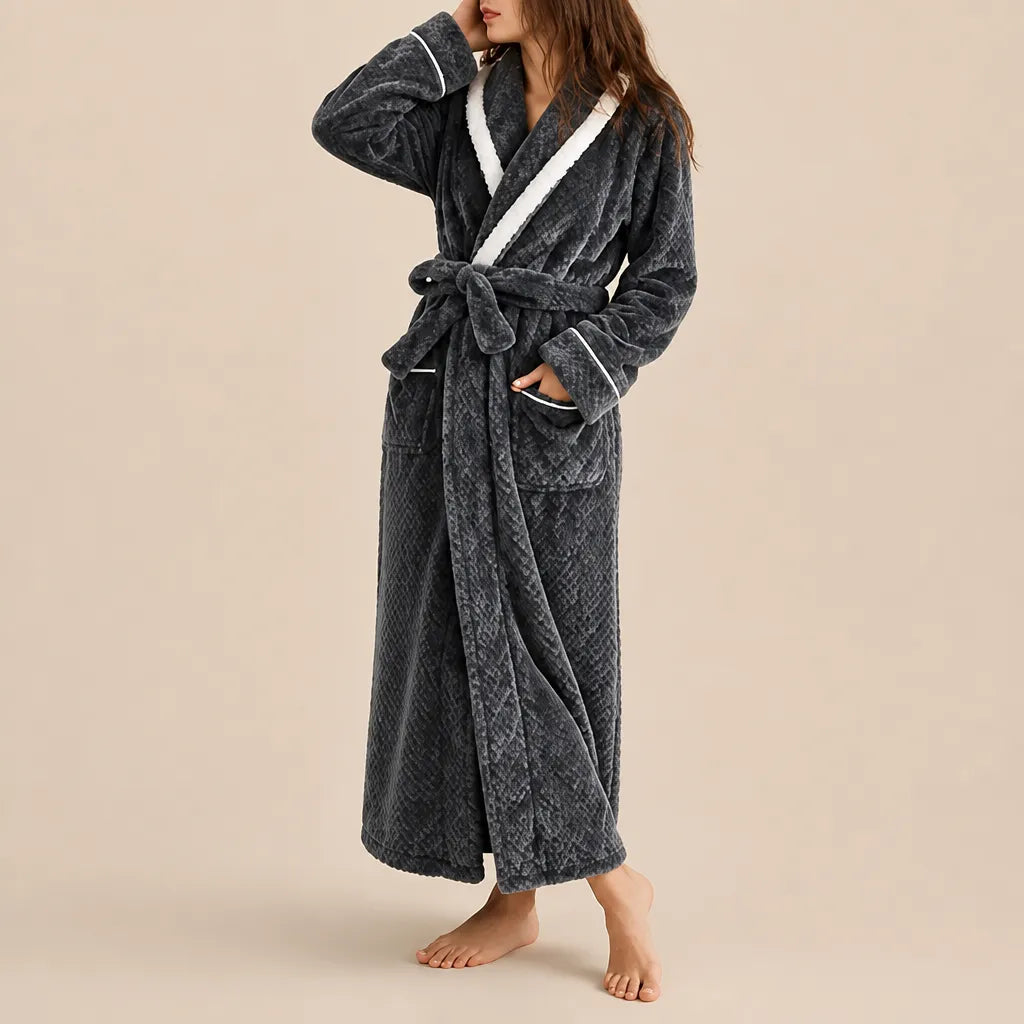 La boutique du peignoir Peignoir Velours Femme - Col Bicolore à Liseré, Gris Anthracite