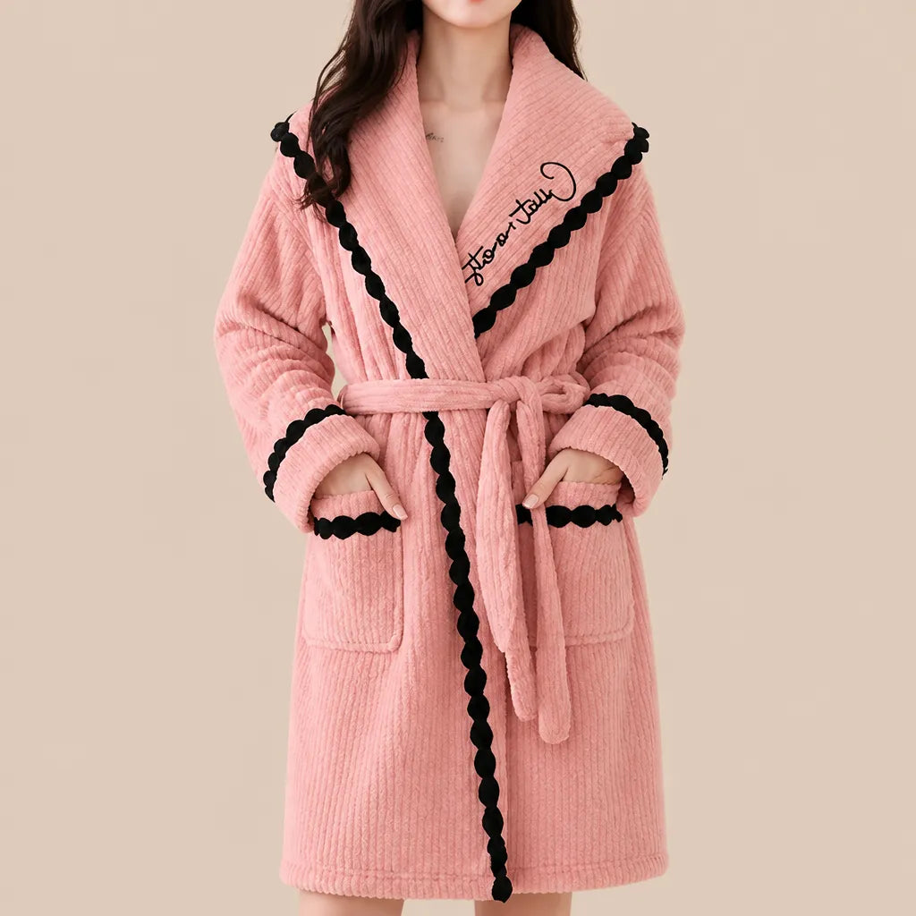 La boutique du peignoir Peignoir Capuche Femme - Bordure à Pompons Noirs, Rose Corail