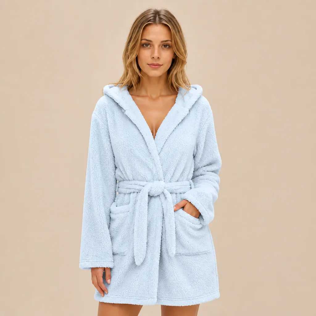 La boutique du peignoir Peignoir Capuche Femme - Court en Polaire, Bleu Ciel