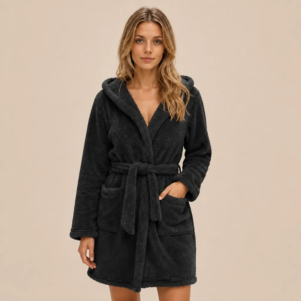 La boutique du peignoir Peignoir Capuche Femme - Court en Polaire, Noir