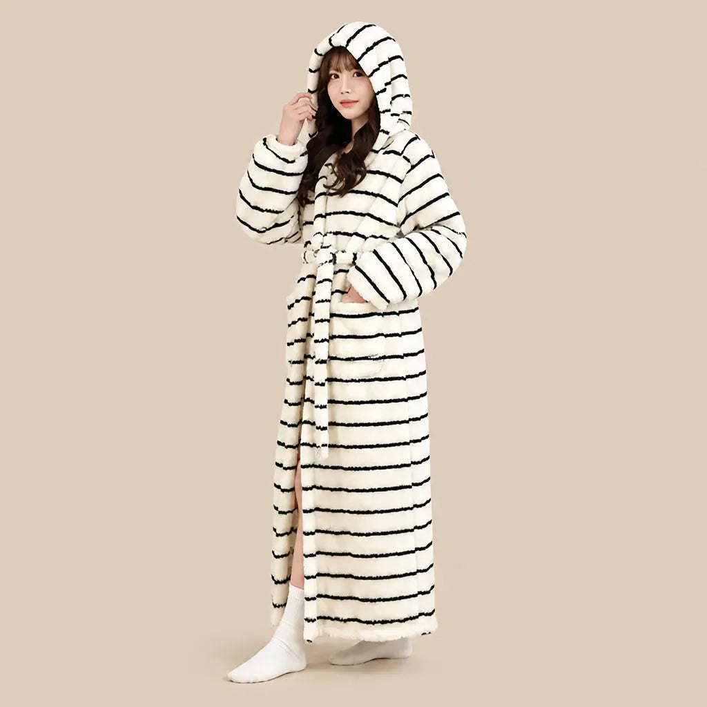 La boutique du peignoir Peignoir Capuche Femme - Long en Polaire Imprimée, Blanc Rayé Noir