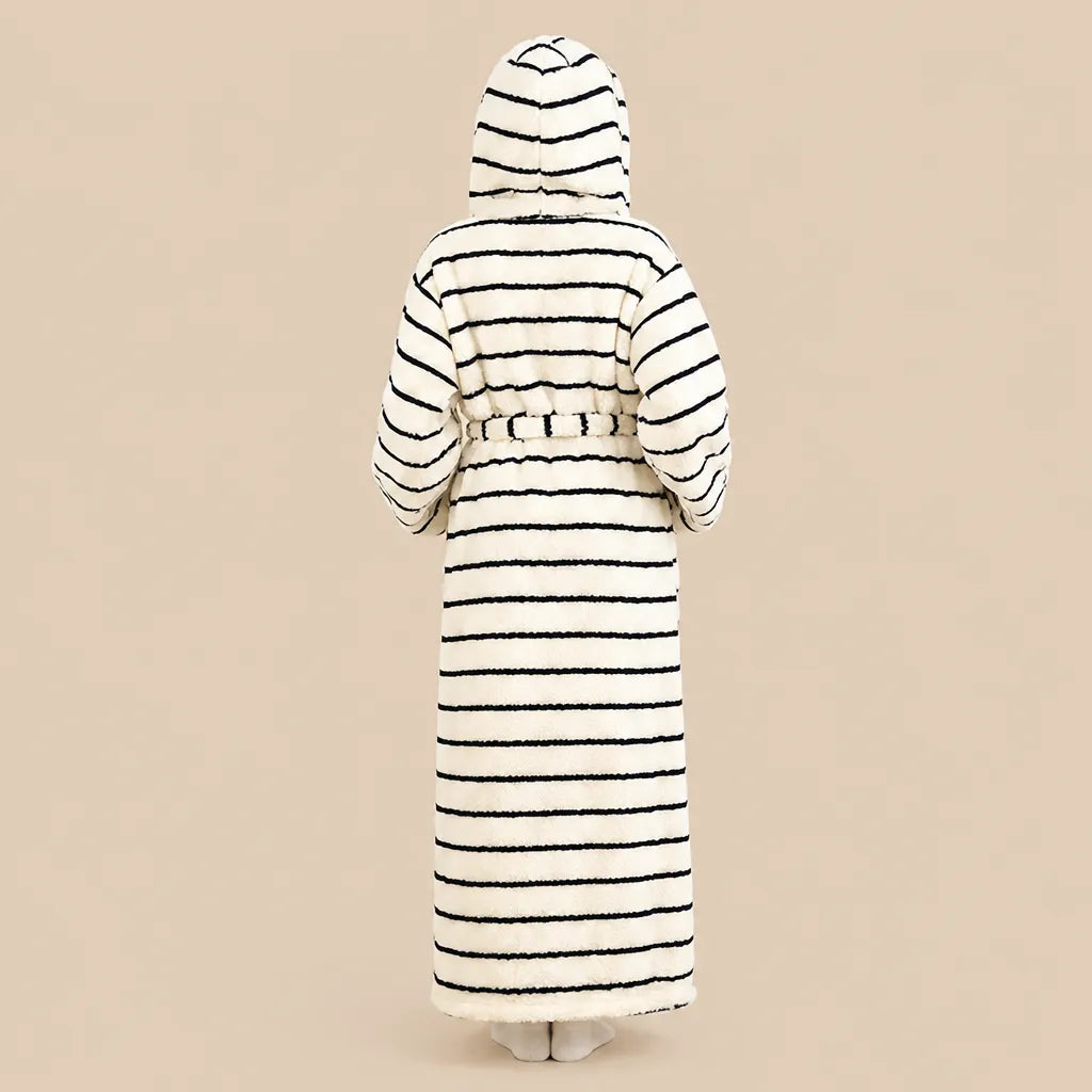 La boutique du peignoir Peignoir Capuche Femme - Long en Polaire Imprimée, Blanc Rayé Noir