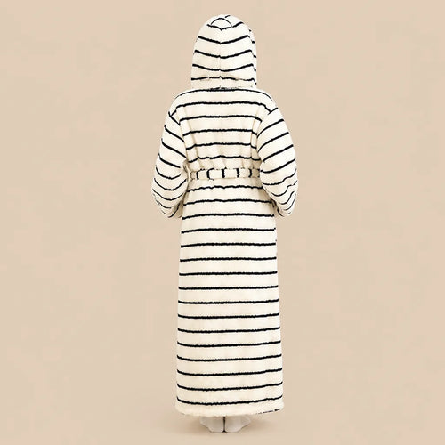 La boutique du peignoir Peignoir Capuche Femme - Long en Polaire Imprimée, Blanc Rayé Noir